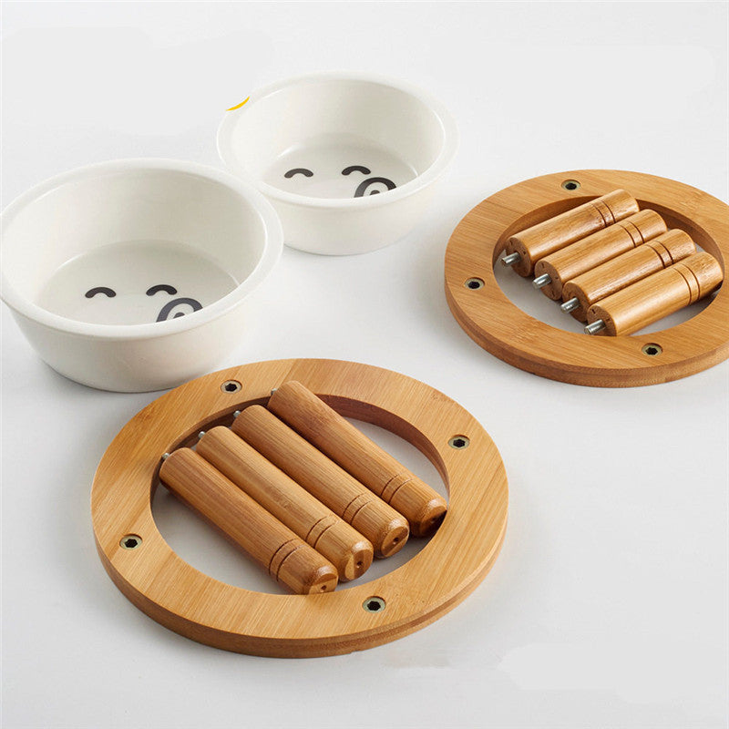 Round Bamboo Cat Bowl for Food and Water - Pet Supplies