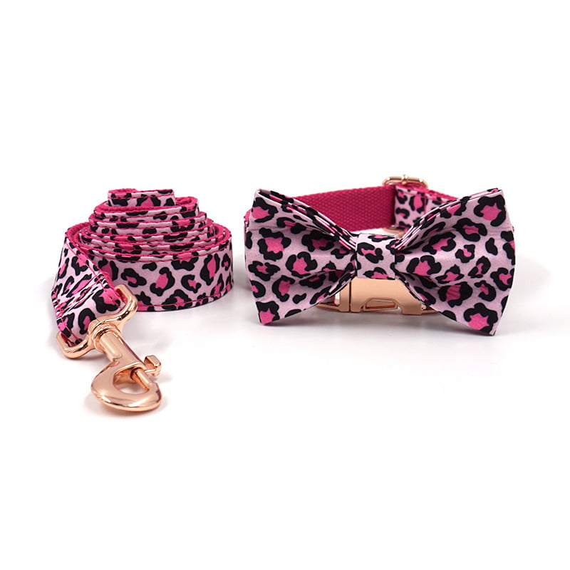 Pink Leopard Print Pet Collar & Leash Set – Rose Gold Bow, Sizes XS–XL