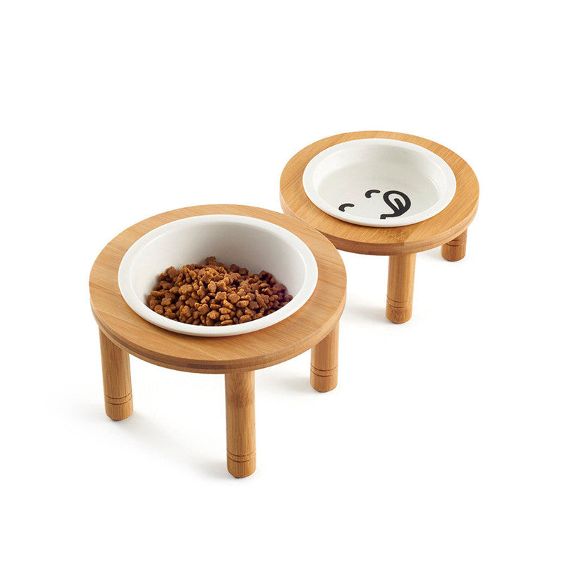 Round Bamboo Cat Bowl for Food and Water - Pet Supplies