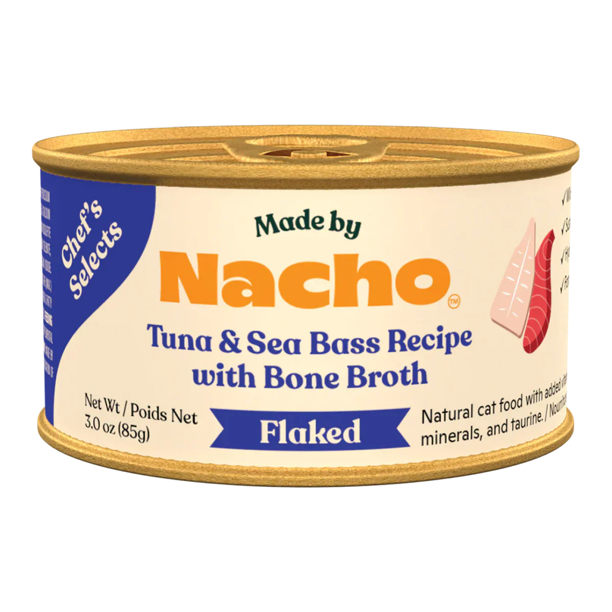 Made By Nacho Flaked Tuna & Sea Bass Cat Food — Chef-Crafted, Cat-Approved (3oz)