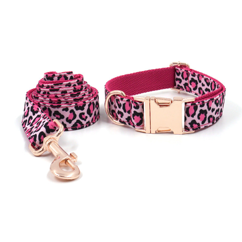 Pink Leopard Print Pet Collar & Leash Set – Rose Gold Bow, Sizes XS–XL